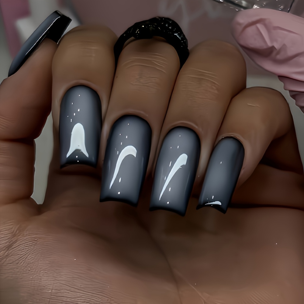 TEMU Show Your Beauty 24pcs Medium Water Pipe Elegant Light Blue White Halo Bright Surface White Fake Nails Fashion Wearable Nail Suitable For Women