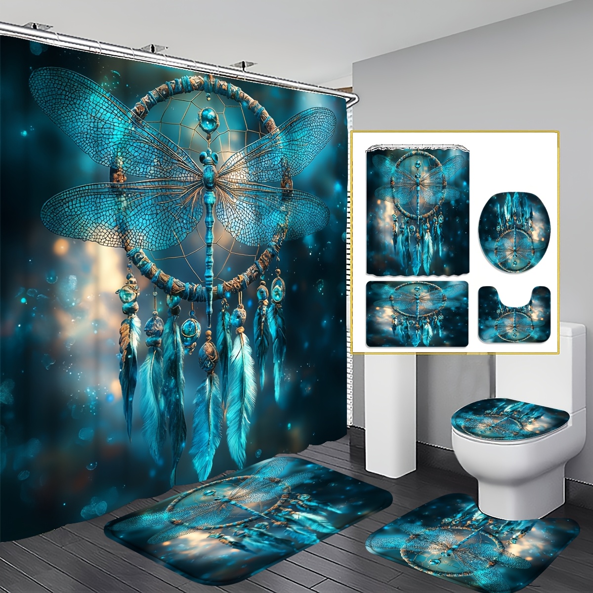 TEMU 2d Flat, 4pcs 2d Curtain Set, Turquoise Feathered Charm Bathroom Decor, Additions With, U-shaped, Toilet Lid Cover, 12 Hooks 180x180cm Curtain,