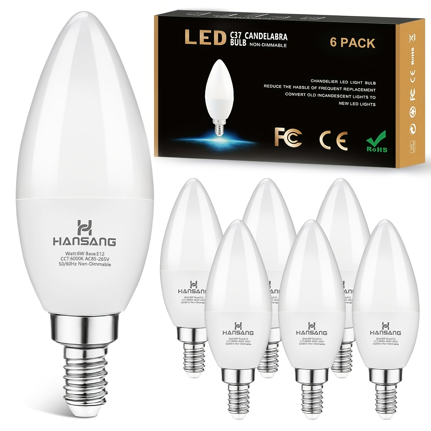 Energetic A15 LED Light Bulb, E12 Candelabra Base, 5.5W (40W Equivalent), 550 Lumens, 3000K Warm White, Non-Dimmable, 6-Pack For Chandeliers, Ceiling Fans, Sconces