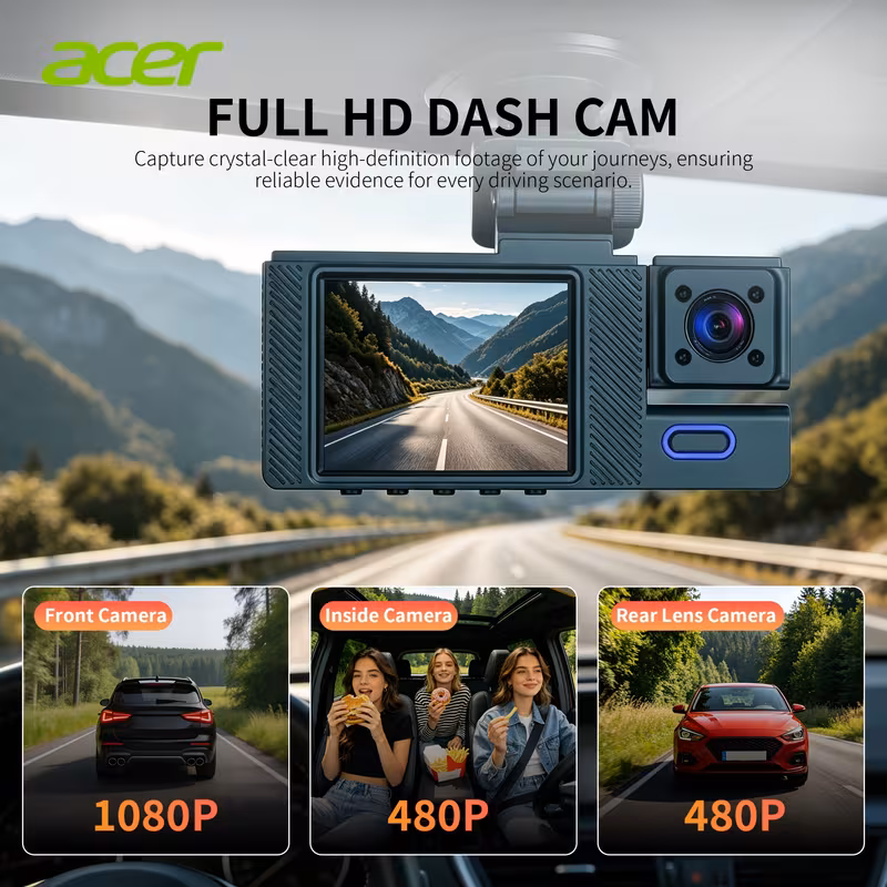 caméra de de bord 3 canaux : 1080p, intérieur et arrière 480p. dvr de voiture compact avec de 110° et vision , compatible avec la plupart des voitures. en charge la surveillance de stationnement 24h/24h, adaptateur (non ), enregistrement en Détails du produit 3