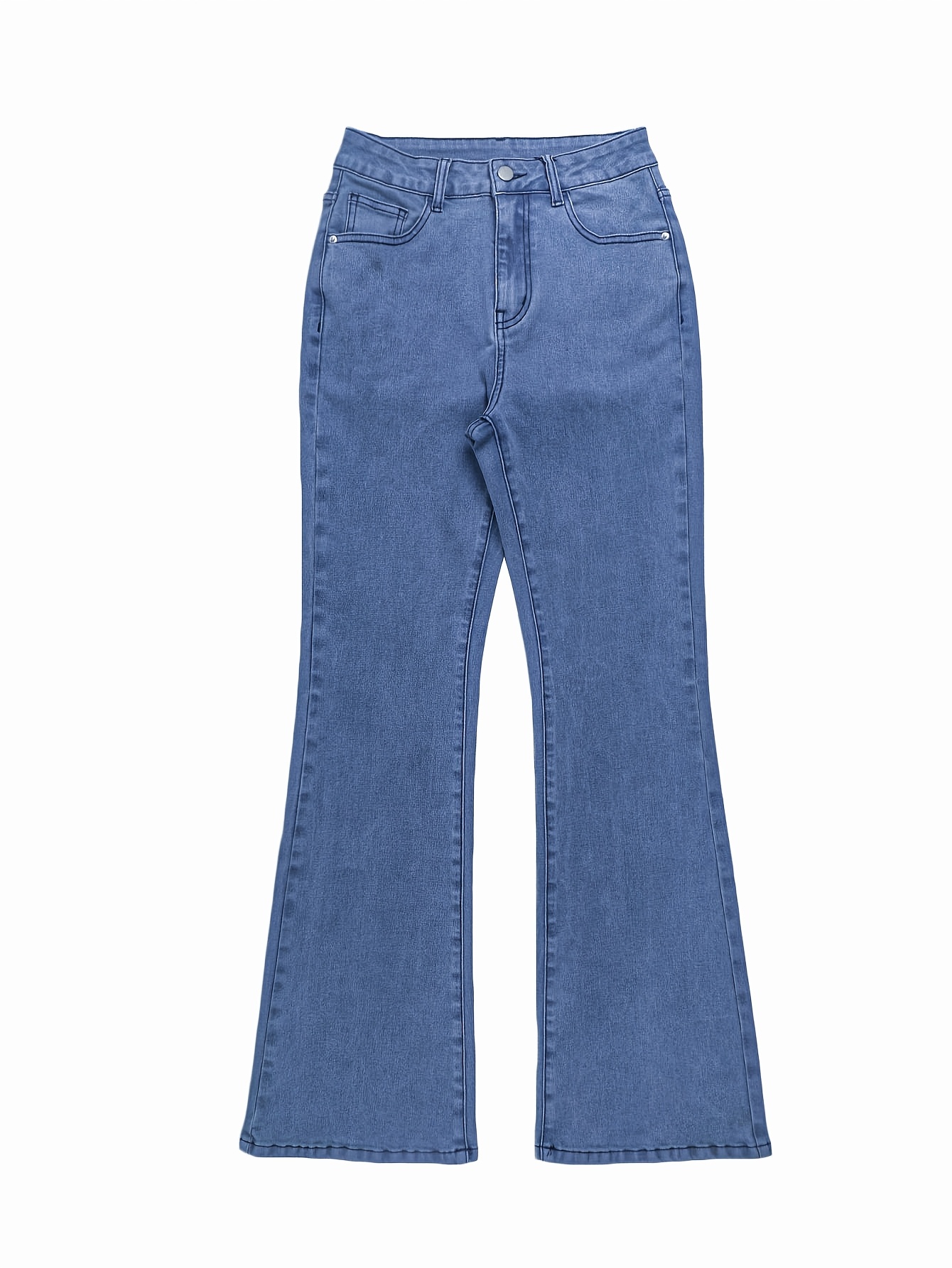 GILIPUR MH1025 Light Blue Retro High-Waist Stretch Straight Leg Women's Pants, Street Style Solid Color Long Pants with Pockets, All-Season Comfortable Stretch Fabric, Machine Washable