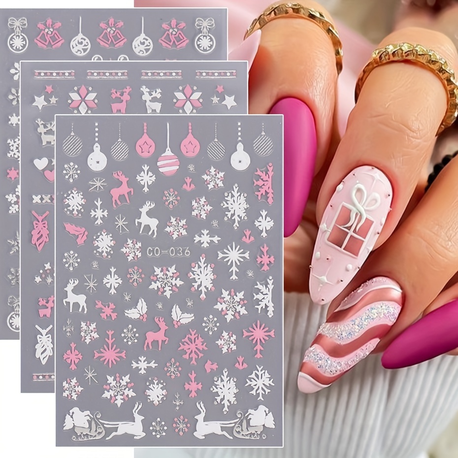 

6-pack Christmas Nail Art Stickers Decals, & , Self-adhesive Plastic Nail Embellishments With Glitter, Single Use, Plastic - -036 Pink &