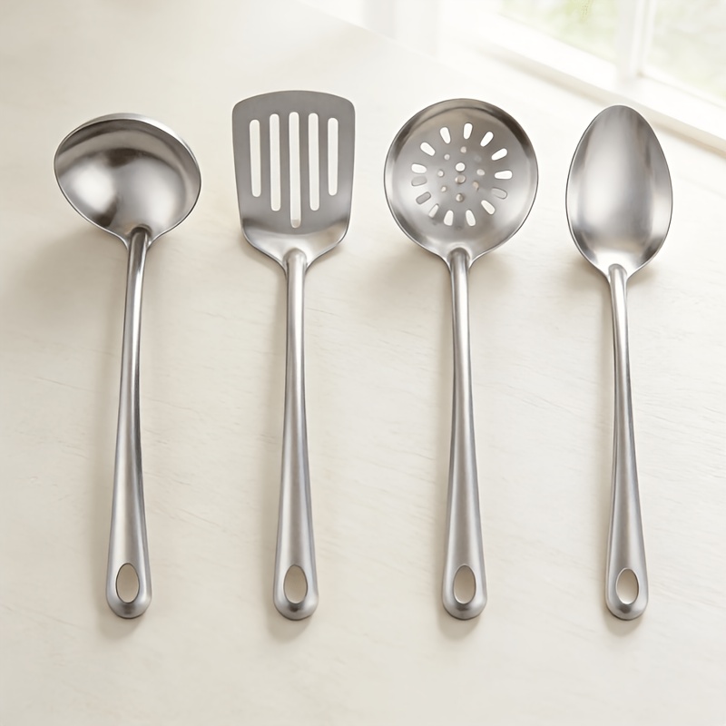 TEMU 4pcs Kitchen Utensil Set: 4 Stainless Steel Rice Scoop, Slotted Spoon, Soup Ladle, Cooking Spatula, Strainer Spoon, Long Rice Scoop
