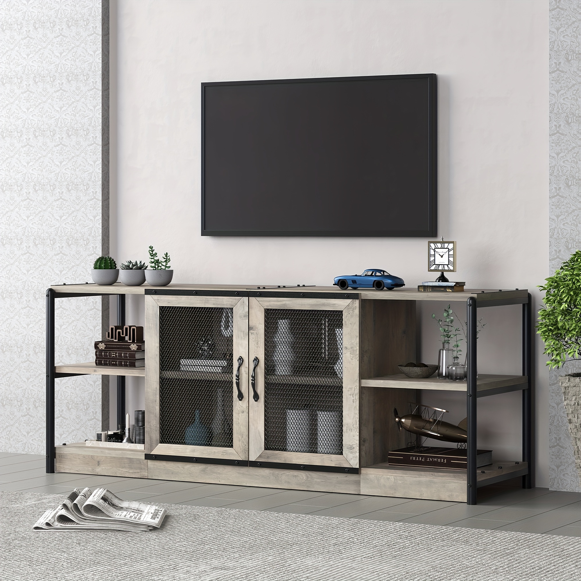 

Tv Stand For 65+ Inch Tv, Industrial Entertainment Center Tv Media Console Cabinet, Farmhouse Tv Stand With Storage And Mesh Door, Cabinet Furniture For Living Room (rustic Grey)