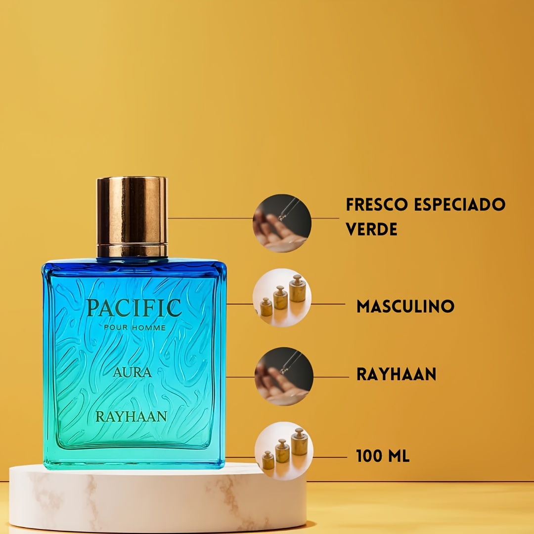Rayhaan Pacific Aura Pour Homme, Flacon Bleu Vibrant, Parfum Rafraîchissant, Fragrance pour Hommes