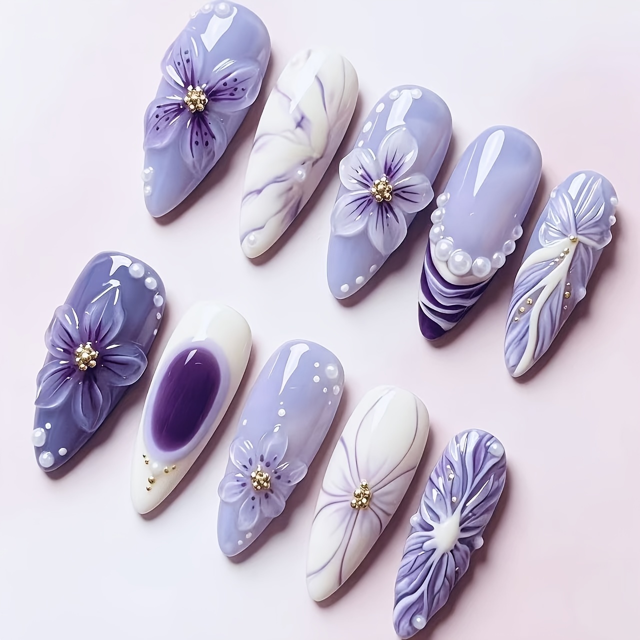 TEMU 10pcs Nails, Gradient Blending 3d Carved Flowers With Pearls And , Reusable Removable False Nail Tips
