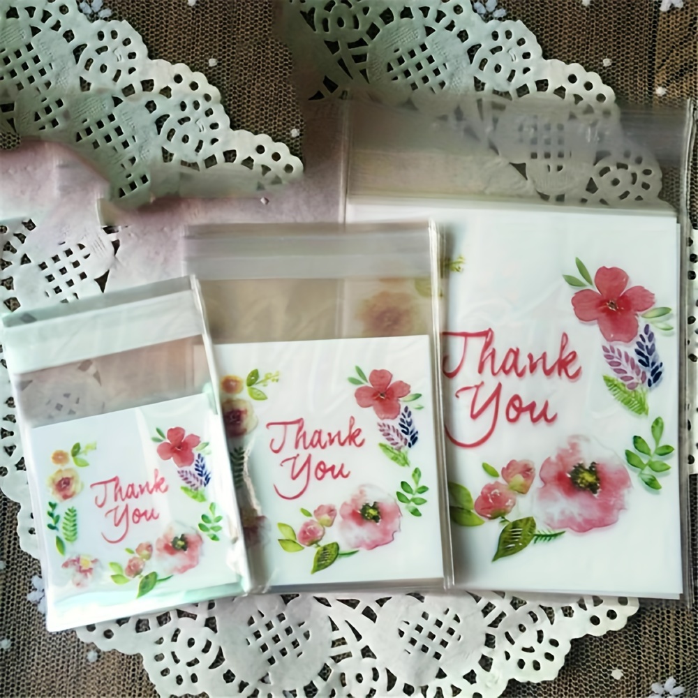 

100pcs Thank You Floral Self-adhesive Plastic Packaging Bags For Candy, , Gifts - Wedding And Birthday Favor Bags