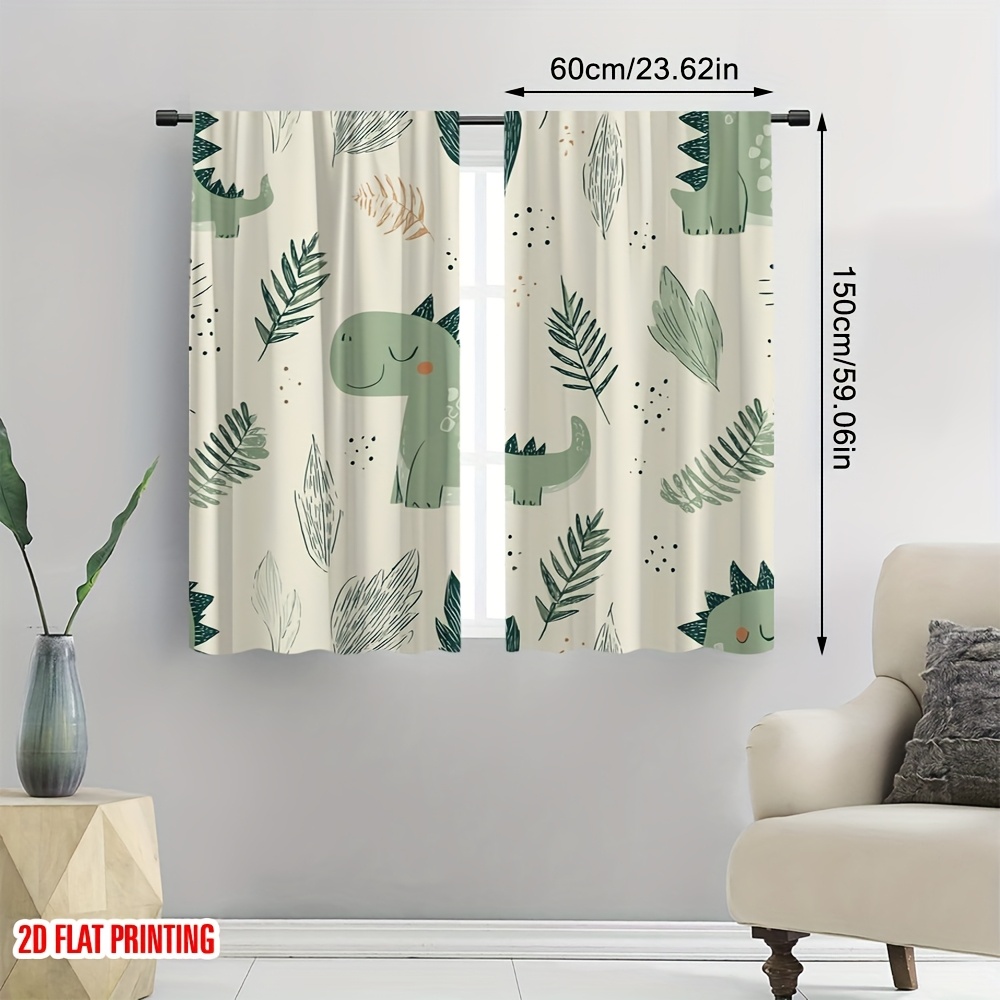 TEMU 2D Plat - Ensemble de 2 rideaux plats imprimés avec des adorables de dinosaures et de feuilles, fabriqués en polyester imprimé numériquement.