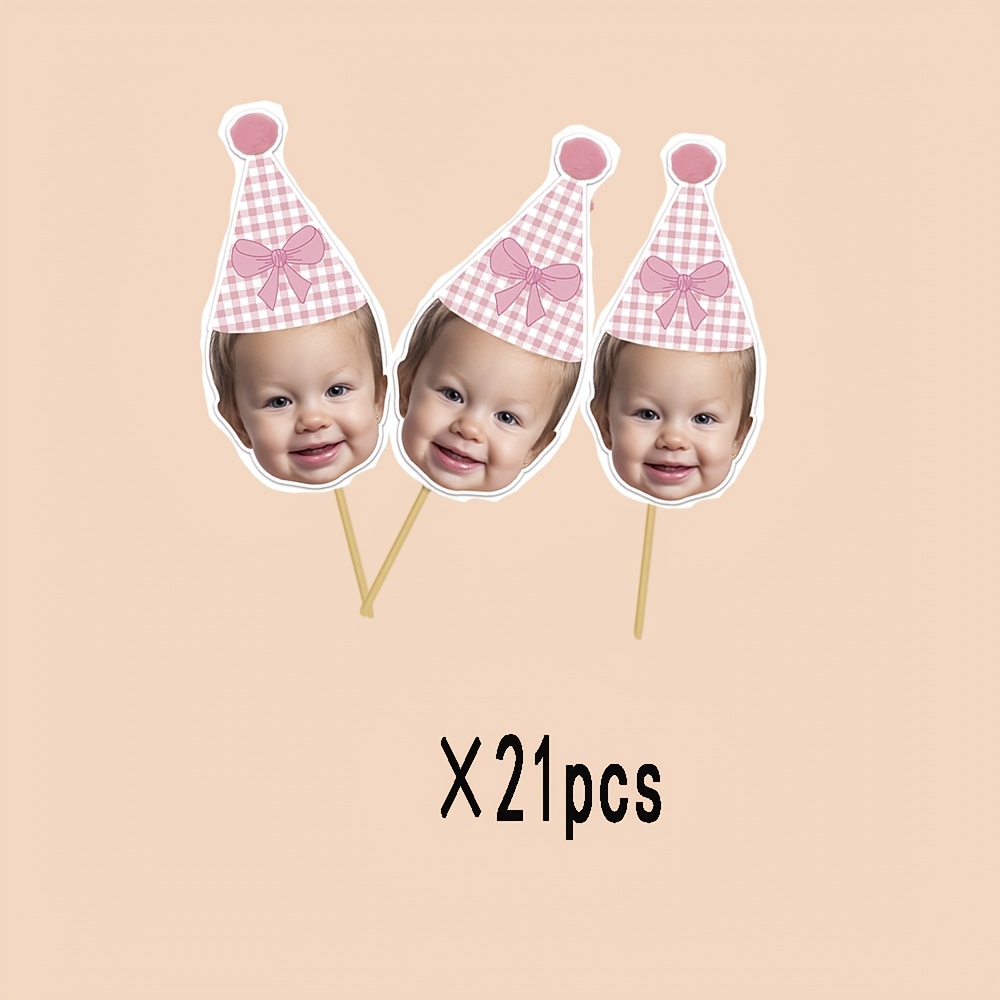 6/12/21/35pcs Custom Pink Bow Theme Birthday Cake Toppers - Custom Photo & Age, Cute Pink , Perfect For Birthday Cake Decor & Bow-themed Party Supplies
