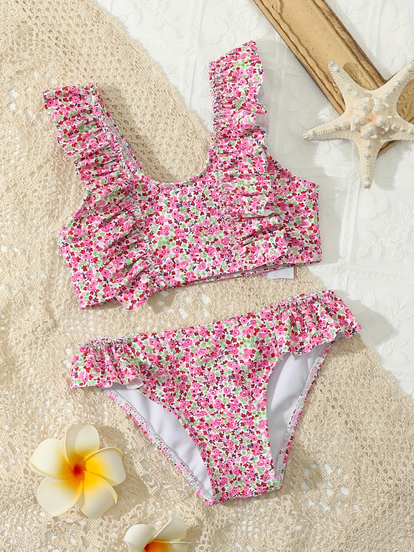 2pcs Flora Print Swimsuit Sets Girls Comfy Bikini Set For Hawaii Summer Gift