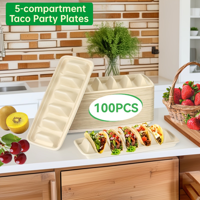 100pcs wheat straw taco party plates 5 compartment premium holders with dividers ideal for   bars takeout christmas halloween easter thanksgiving   use