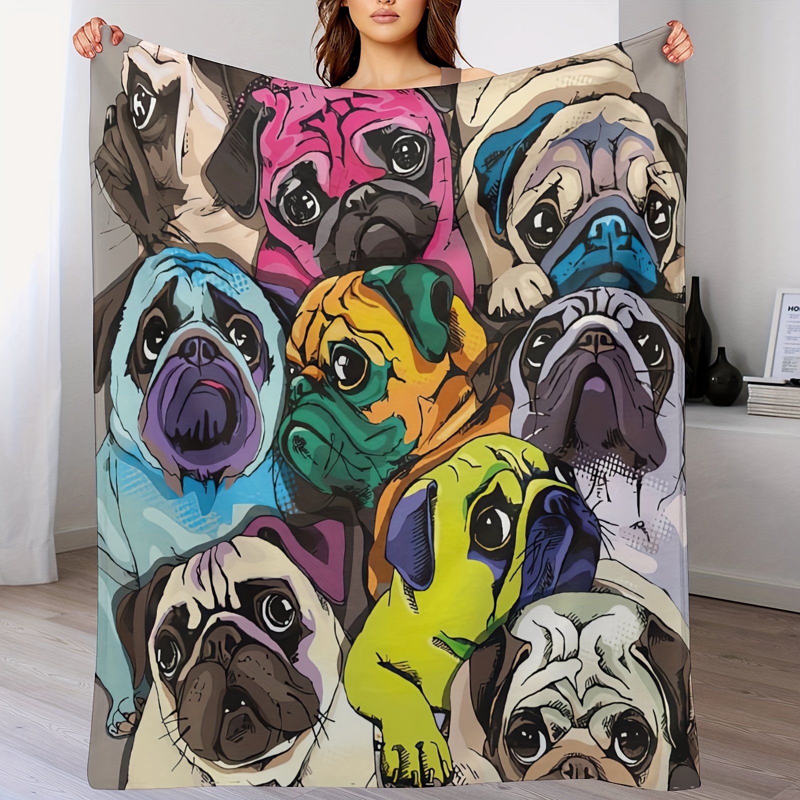 

Flannel Fleece Throw Blanket Colorful Pug Dogs Funny Puppy Pillowcase Cover Microfiber Durable Couch Blankets Home Decor Perfect For Bed And Sofa Super Soft Warm Blankets For All Season