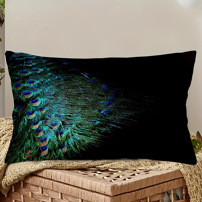 

Contemporary Zippered Throw Cushion Cover, Super Soft Short Plush 12x20 Inch, Single-sided Peacock Feather Design, Machine Washable, For Various Room Types - 1 Pack (insert Not Included)