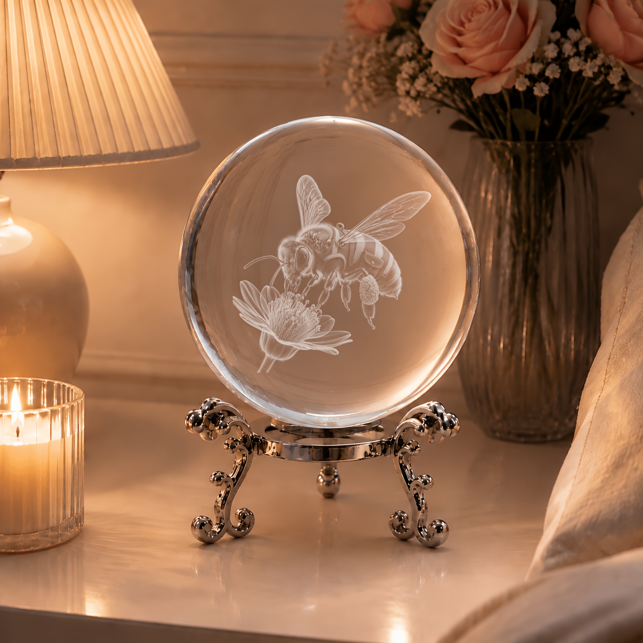 TEMU 3d Laser-engraved Bee And Flower Crystal Ball Ornament, With A Vintage Silvery Base- High Sphere, Suitable For Home And Office Desktop Display-