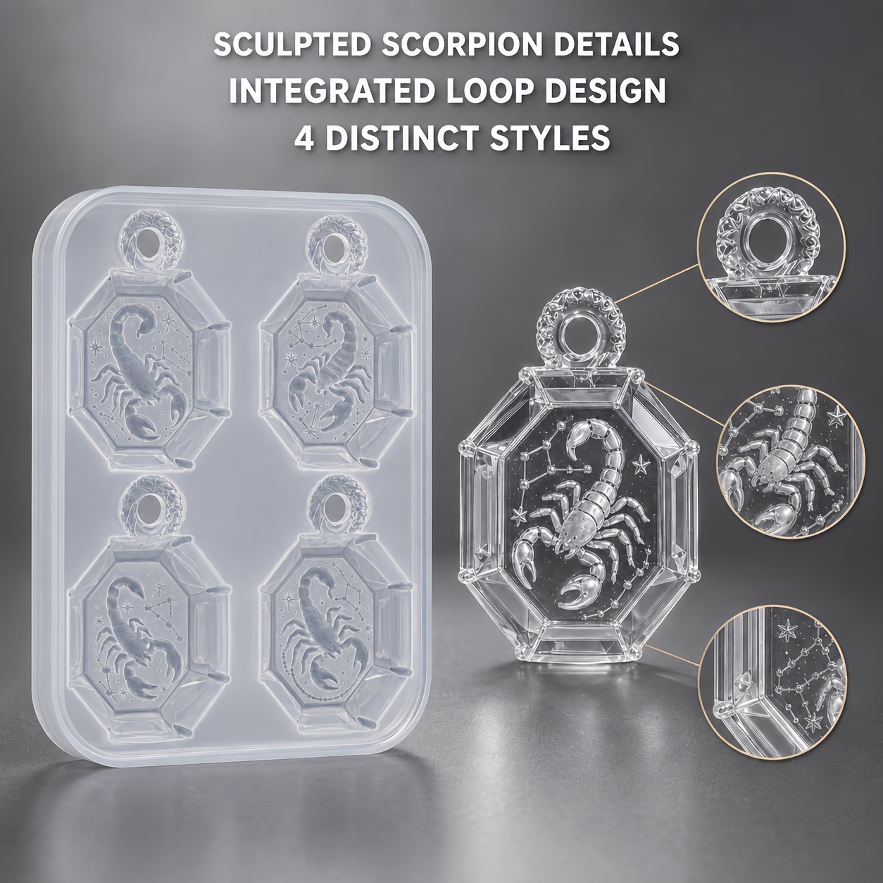TEMU Moule en silicone résine, moule en silicone pour pendentif constellation du Scorpion avec trou de suspension, moule de en résine époxy octogonal