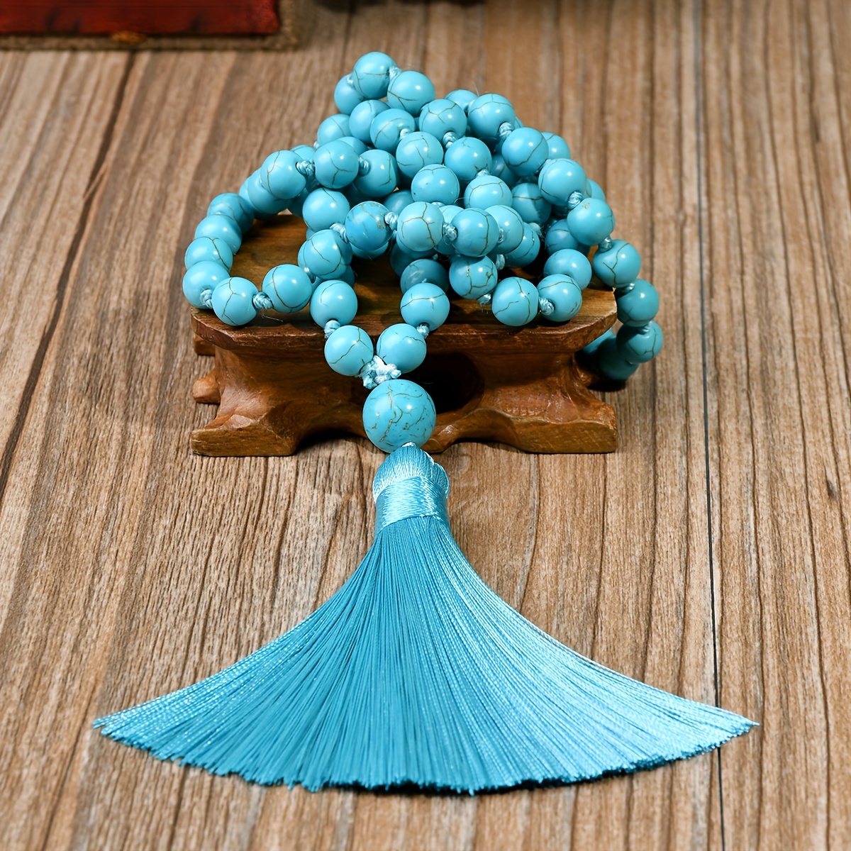 Image of 1 Retro Synthetic Turquoise Long Necklace Tassel Pendant Bohemian Style Suitable For Daily Vacation Sweater Chain Gift For
