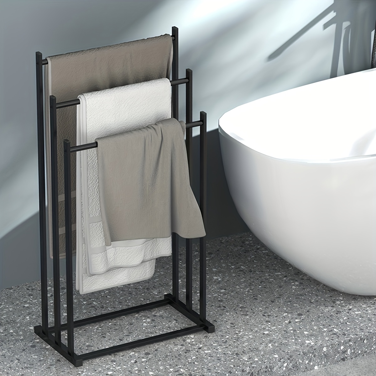 Image of 1pc Modern Three-tier Freestanding Towel Rack - Heavy-duty Floor-standing Bathroom And Pool Drying Rack, Space- Multifunctional Organizer For Indoor/outdoor Use, No Installation Needed