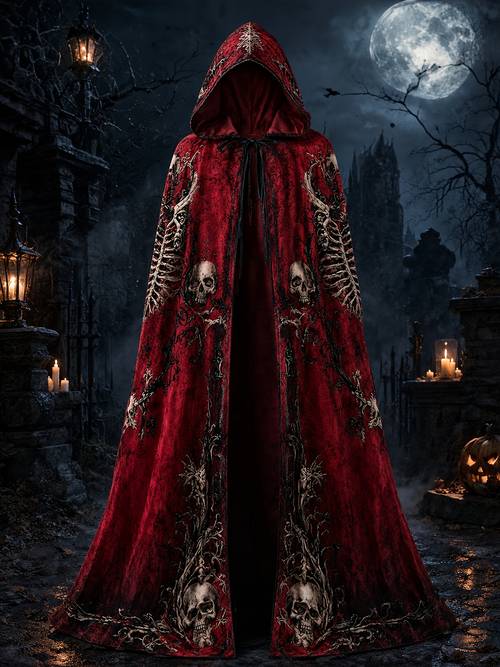mens long hooded halloween cloak gothic skull and skeletal vine motif on red for daily occasions this elegant mens hooded cloak a stunning this halloween mens cosplay costume