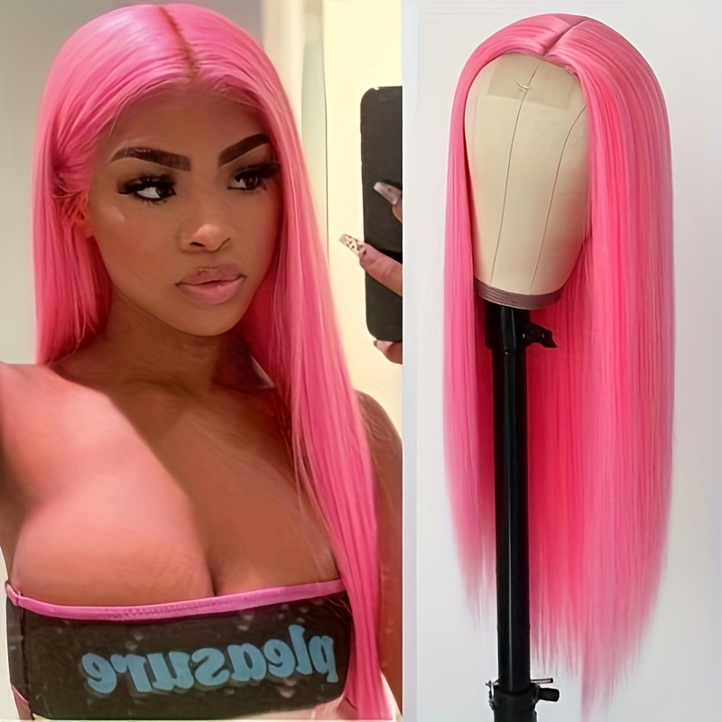 

Pink Color Synthetic Hair Wigs Glueless 24 Inches Straight Long Replacement Wig For Women Girls Party Daily Wear Heat Resistant Fiber Middle Part Natural Hairline