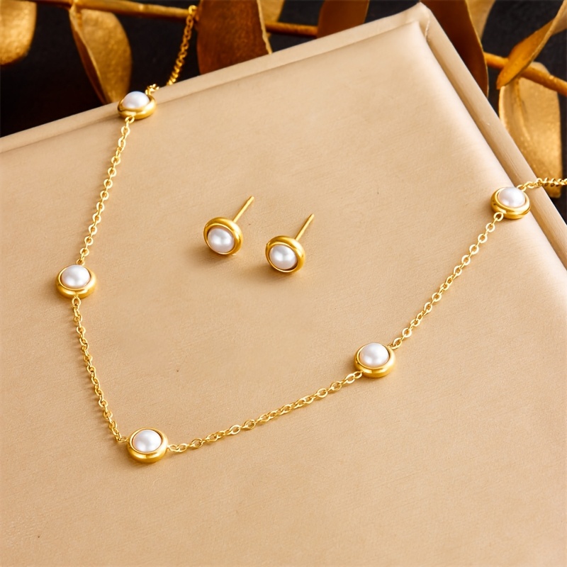 Collier Et Boucles D'oreilles En Acier Inoxydable Avec Perles - Thème Lune Et étoile - Cadeau Femme