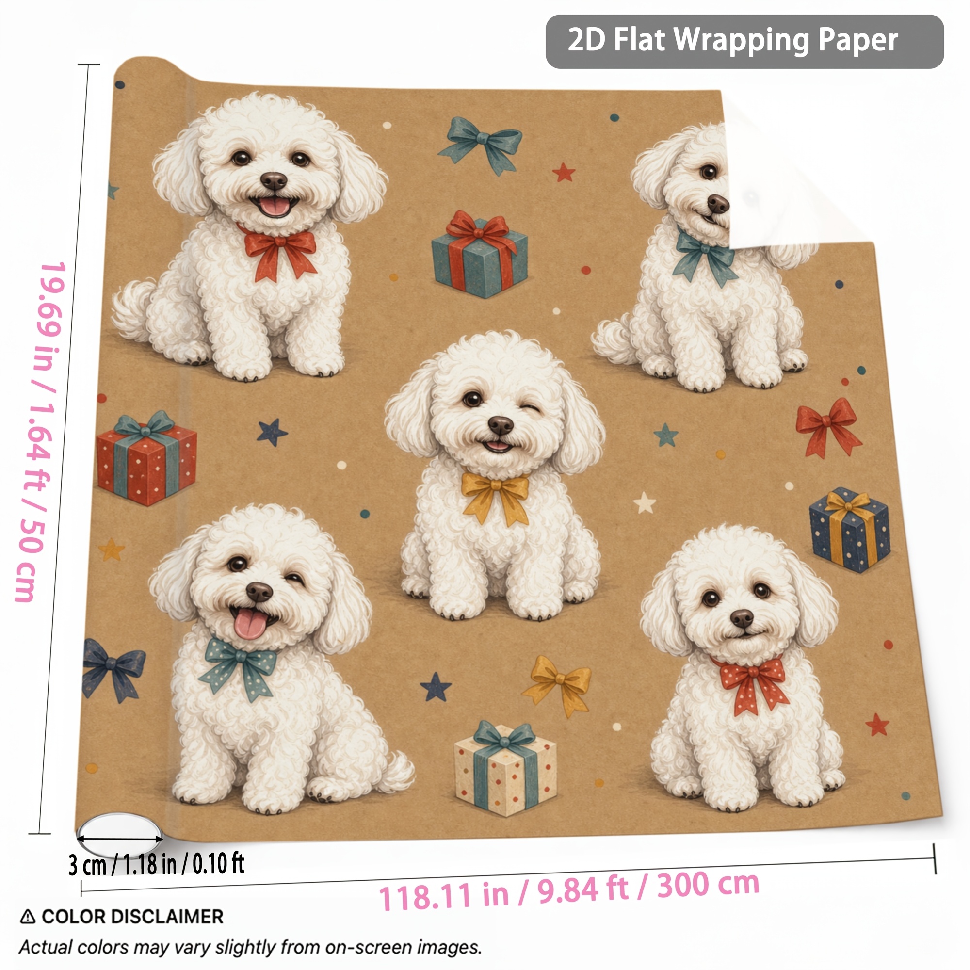 TEMU 1 Rolle 1,64ft x 9,84ft Geschenkpapier, Geschenkverpackungspapier, Geschenkverpackung, niedliches Muster mit weißem Hund & Geschenkbox,