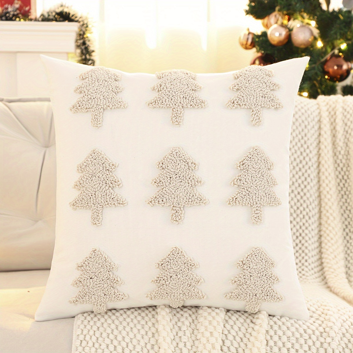 A Plush Christmas Pillow Cover Featuring Christmas Trees, Candies, And Snowflakes With Embroidered Canvas