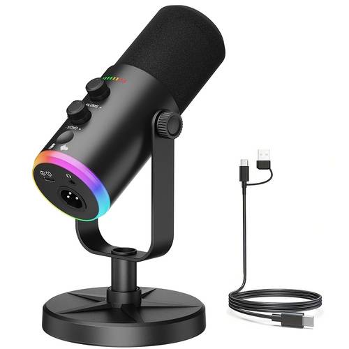micrófono de juego usb/xlr, micrófono para pc para podcasting y streaming, kit de micrófono rgb para computadora con soporte de escritorio, botón de y conector para auriculares, para grabación