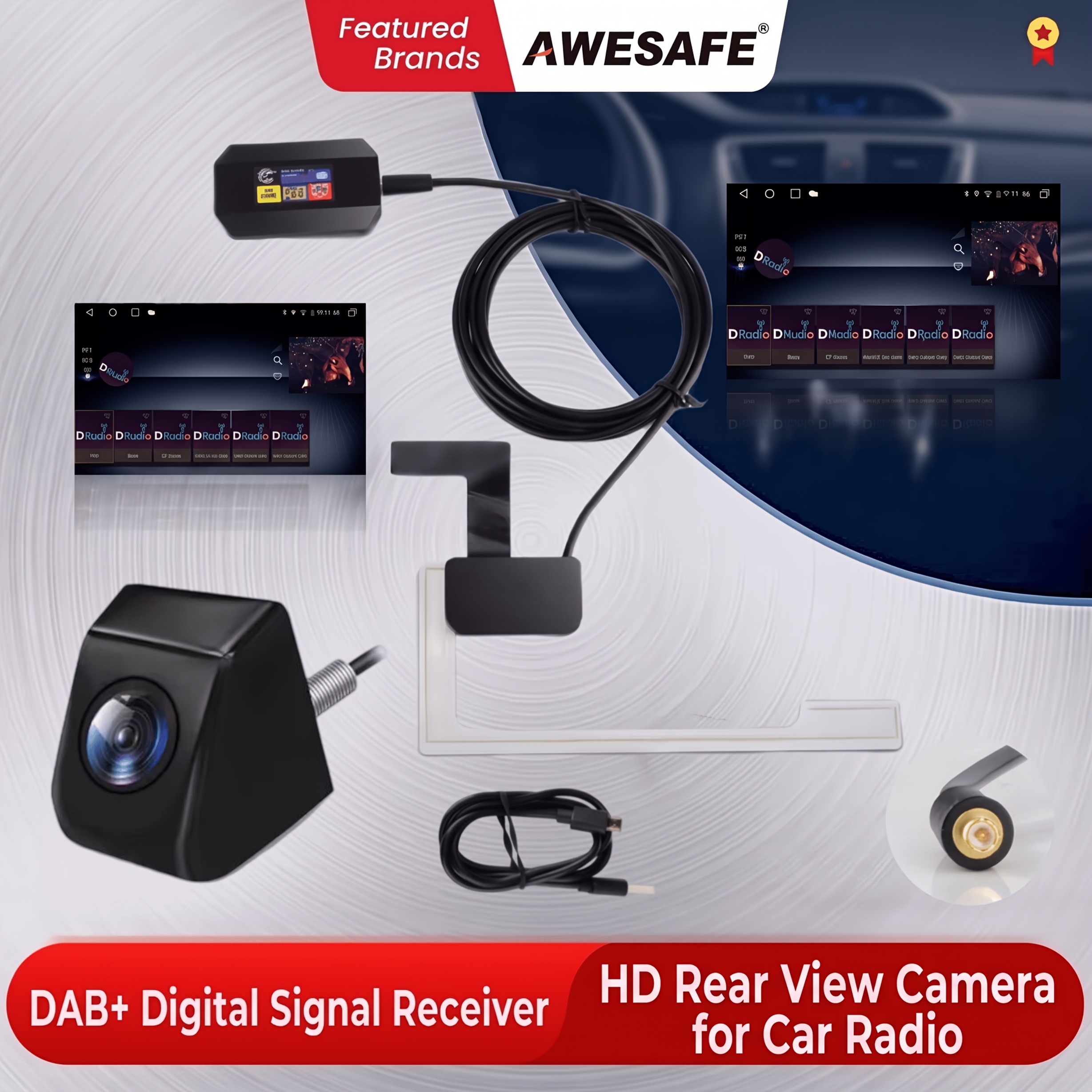 Image of Awesafe Dab+ Antenna With Usb Adapter For Car Radio And Awesafe Ahd 720p Reverse Camera Bundle Gps Signal Receiver For Awesafe Dvd, 140° Wide Angle Parking Camera, Car Additions