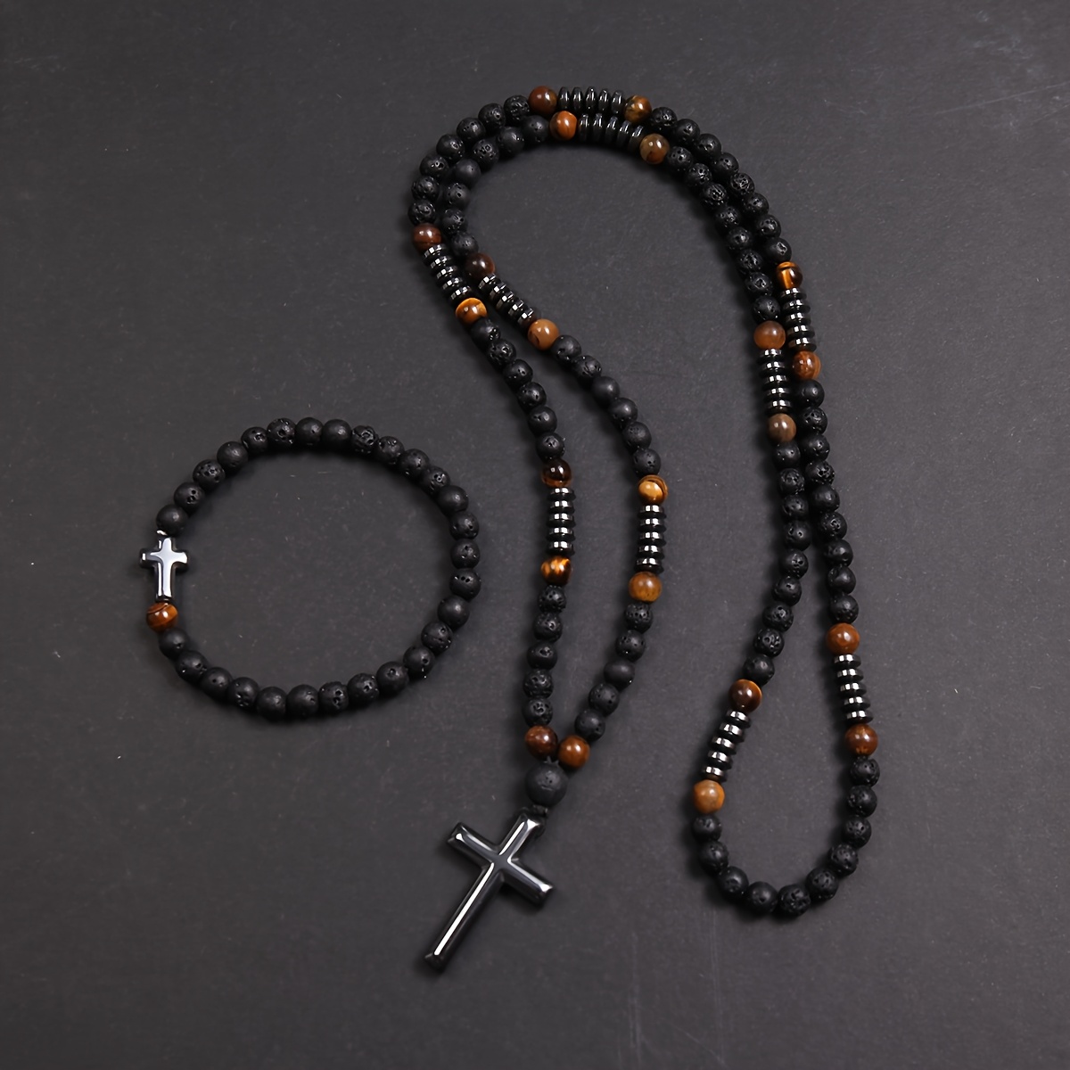 Image of 2pcs Trendy Cool Individual 6mm Black Round Eye Cross Necklace Bracelet Set Women Men Jewelry Gift