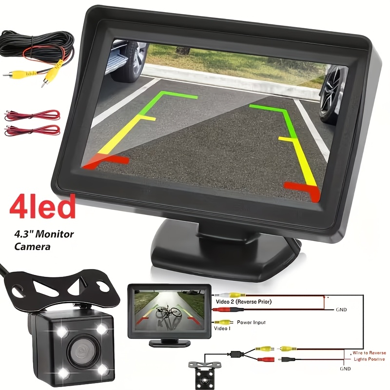 Monitor de pantalla LCD a color TFT de 10.92cm para estacionamiento con cámara de visión trasera para coche, visión nocturna gran angular para marcha atrás a 12V, sin batería