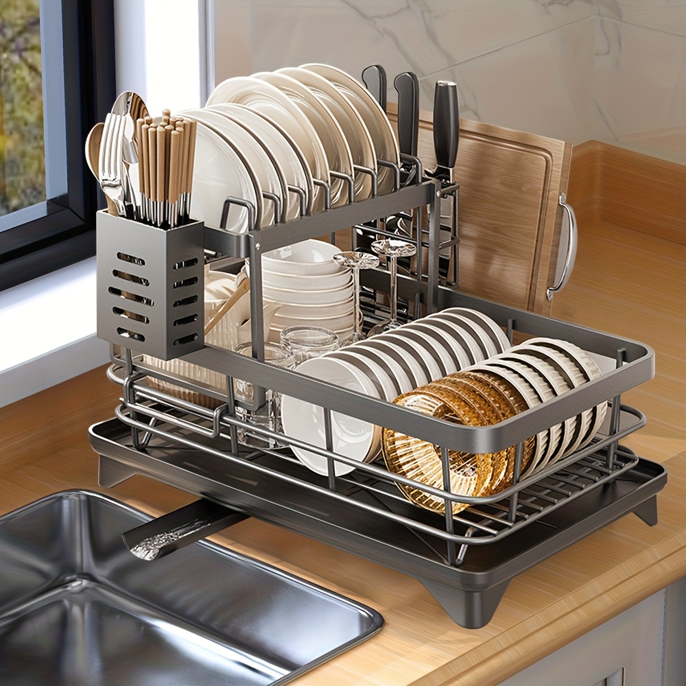 TEMU 2-tier Heavy-duty Carbon Dish Rack With Detachable Multi-shelf & (cutlery/knife/fork Holder, Board Rack) - Space- Dish Drainer Board, -less