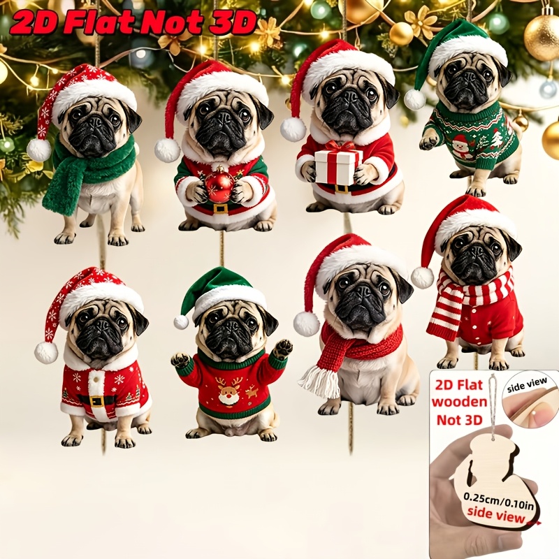 TEMU 2D Plat, 8pcs Série Noël 8pcs Adorables Basset Portant des Chapeaux de Père Noël de Design Pendentifs de Fête, Ensemble d'Ornements Suspendus en