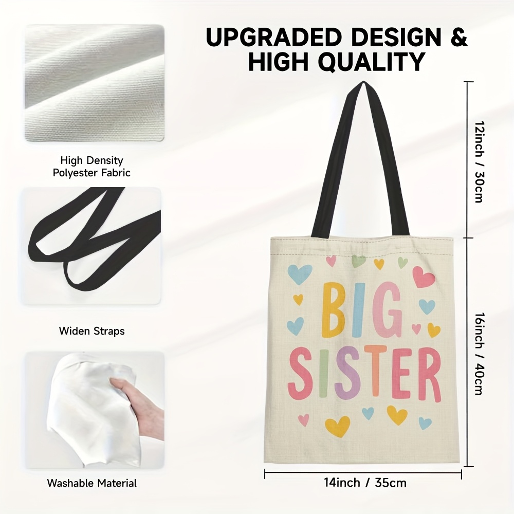 TEMU 1pc Big Sister Design Tote Bag - Colorful Heart Pattern Polyester Reusable Grocery Bag For Women, Rectangular Shopping Bag For Travel, Daily Use