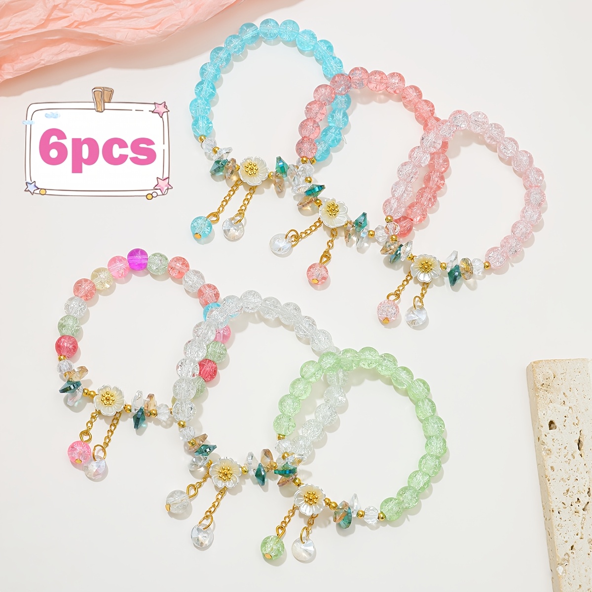 TEMU 6pcs Fashionable Easy Bohemian Style Camellia And Daisy Bracelets - Elastic Adjustable Wristbands For Daily And Vacation Wear, Beads, Random