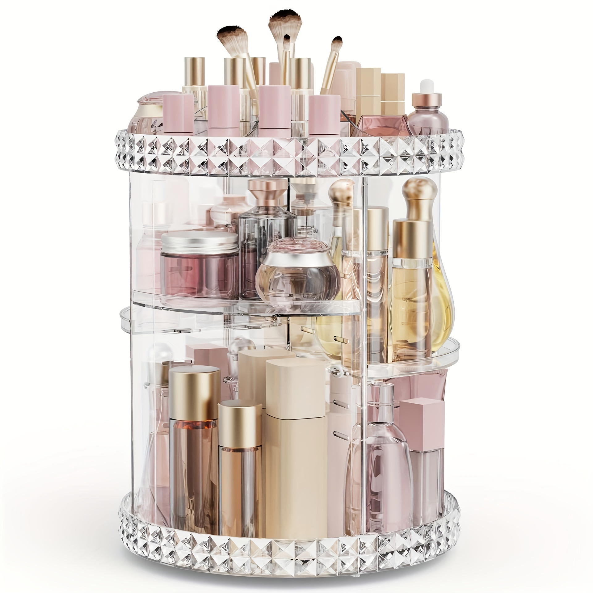 light   circular transparent makeup storage box 360 degree rotating desktop dressing table lipstick skin care product storage shelf diamond pattern rotating makeup box skin care product brush storage dressing table display shelf Product details 1