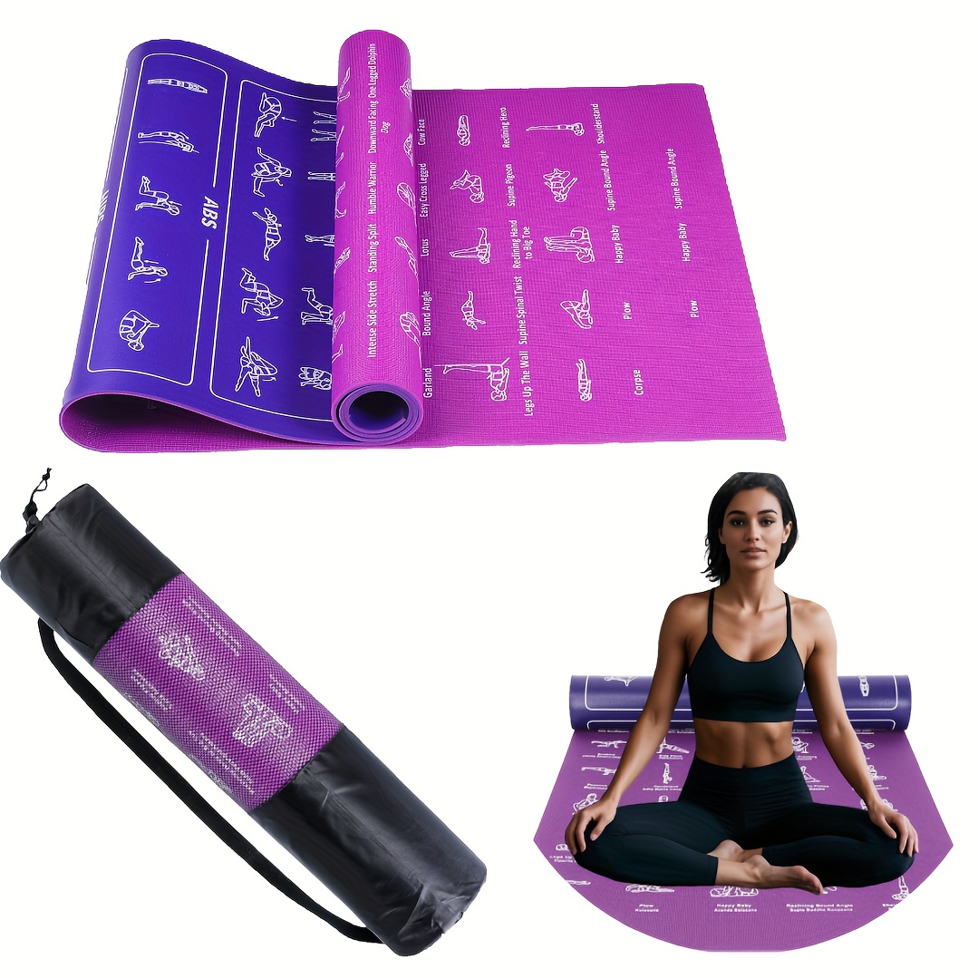 Double-sided Yoga Mat with Yoga Pose Illustrations and Storage Bag - 75 Illustrated Yoga Poses and 75 Stretching Exercis
