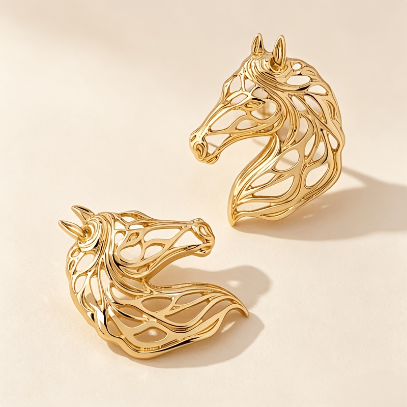 TEMU 1 Pair Cross-border Fashion Creative Hollowed-out Small Horse Head Fashion Earrings Suitable For Women' Wear, Banquets, Gift , And Vacation Wear