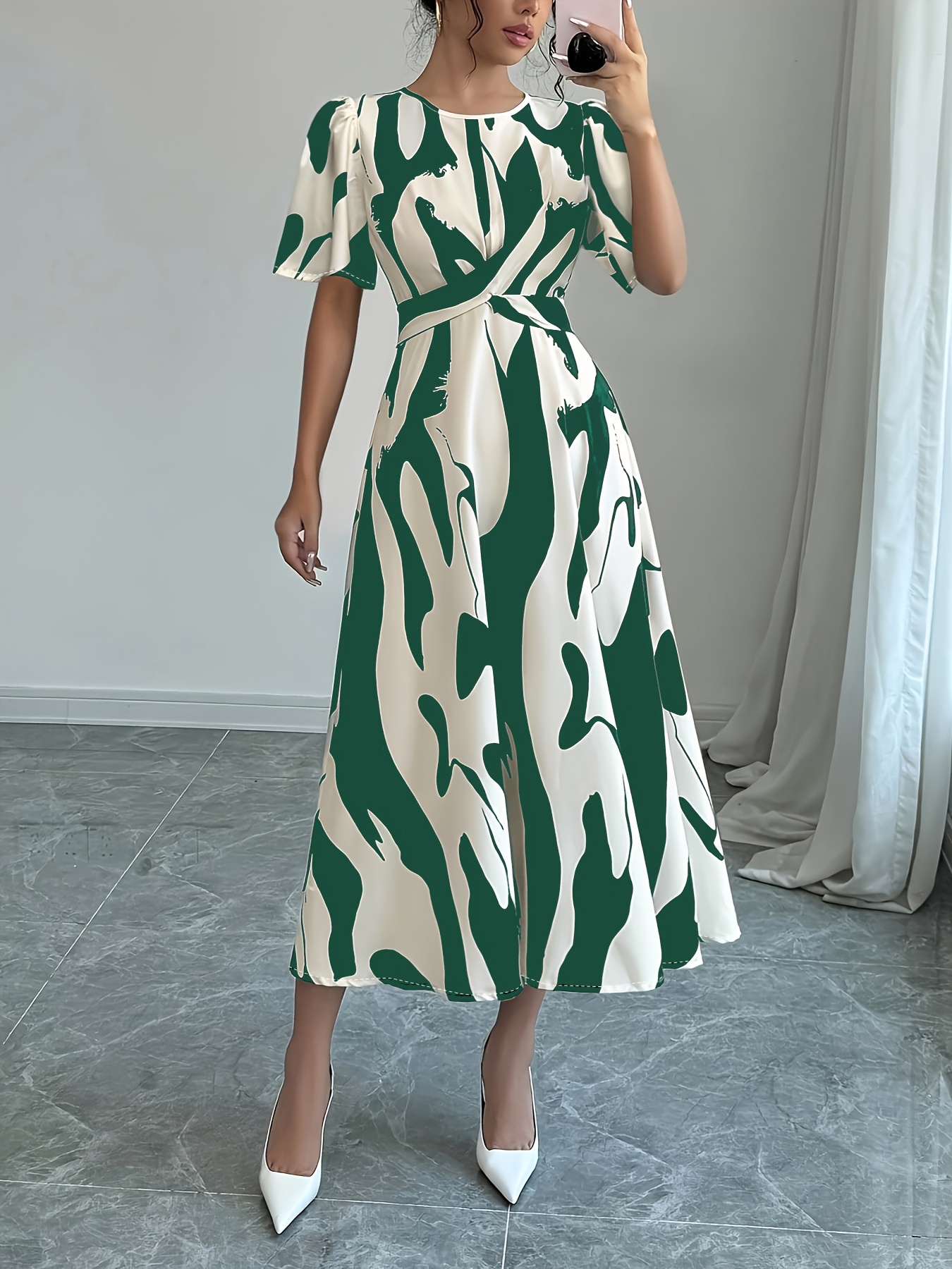 womens elegant asymmetrical geometric print dress puff - Temu Pakistan