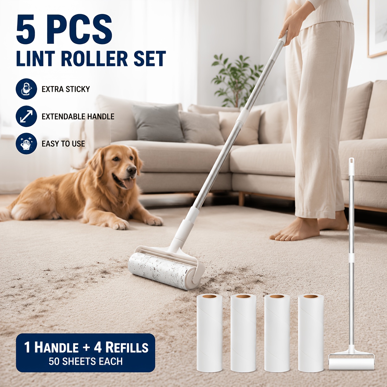 TEMU 5pcs 94cm Extendable Long Handle Lint Roller (1 Handle   4 Refills, 50 Sheets Each) - Extra Sticky Hair Remover For Floor, Furniture & Carpet,