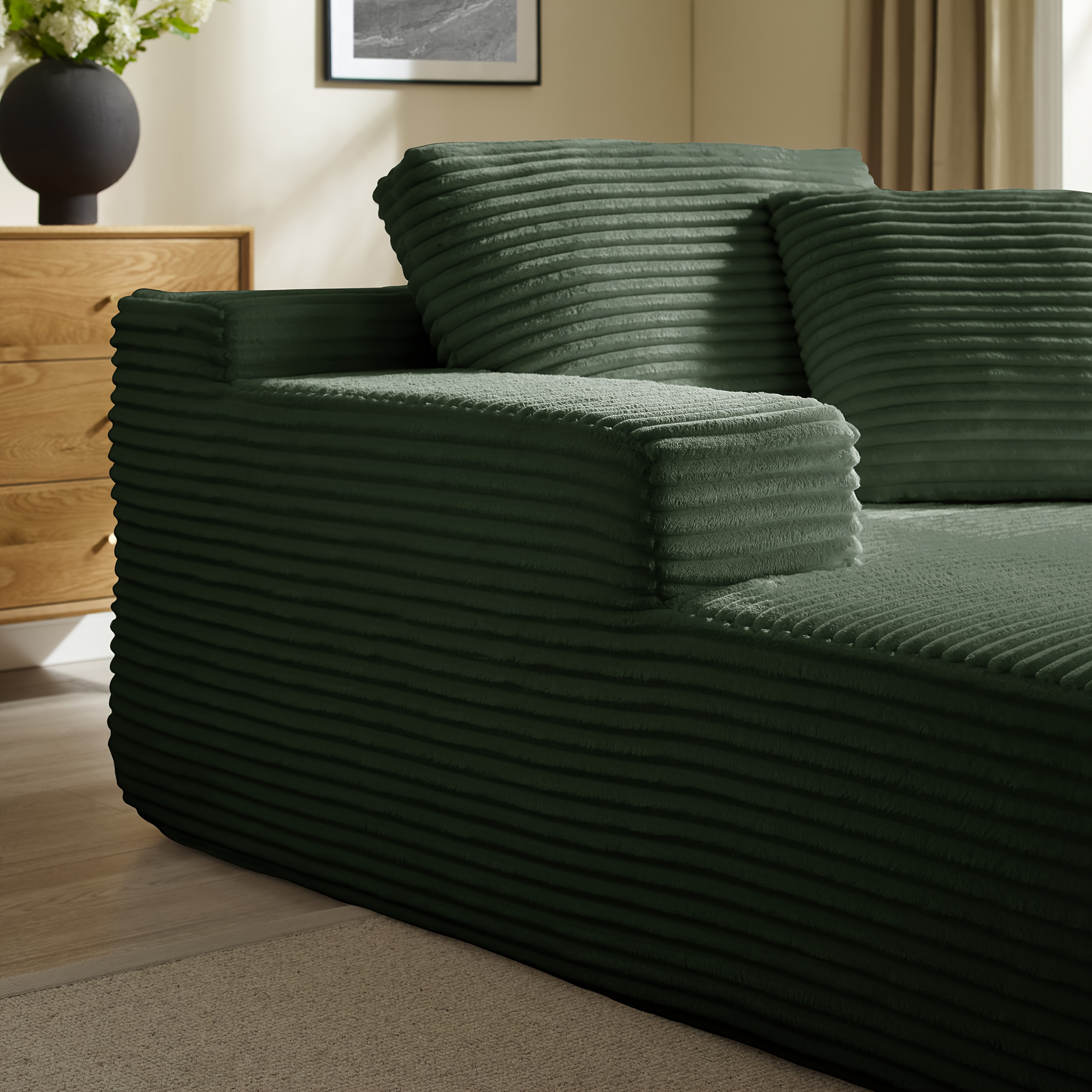 51-inch Oversized Boneless Lounge Chaise Recliner - Corduroy Sofa with Pillows and Armrests | Deep-Seat with High-Density Foam Cushion | U-Shaped Folding Sofa Bed for Living Room, Apartment, Bedroom | No Assembly Required | Available in Beige