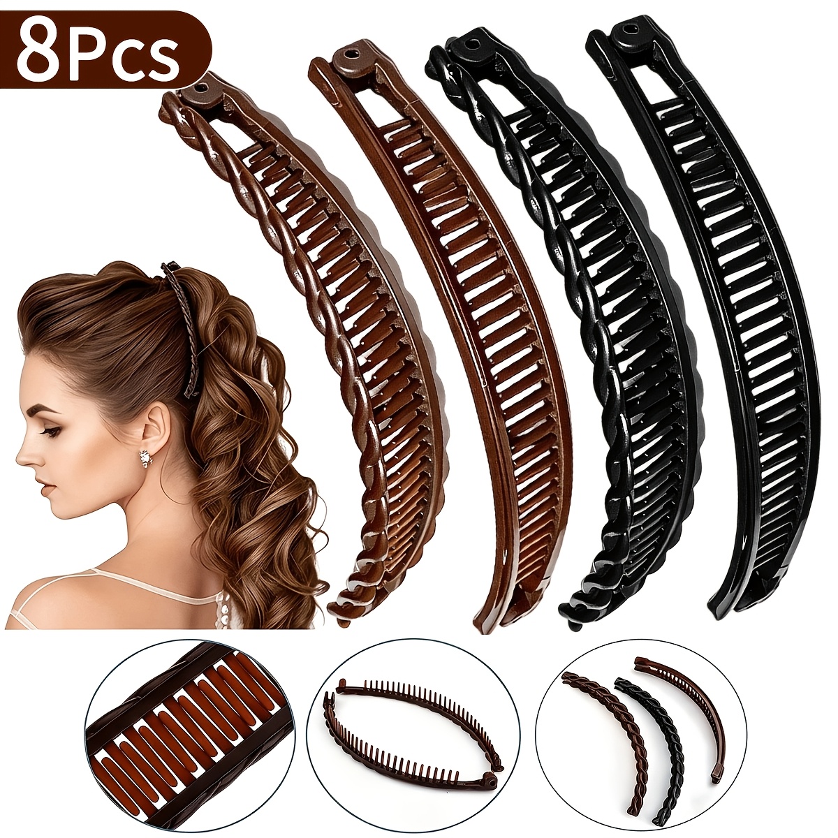 TEMU 8pcs Large Banana-shaped Hair Clips, Suitable For Women Use - Retro And Anti-slip Double-claw Hair Clips, Ideal For Thick Hair, Long And Curly,