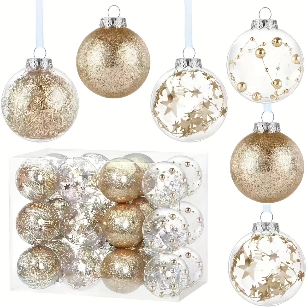 TEMU 24 pièces Boules de Noël Dorées et Argentées avec Boules Pailletées, Étoiles Transparentes et Boules à Guirlande, Boîte Cadeau PET Transparente