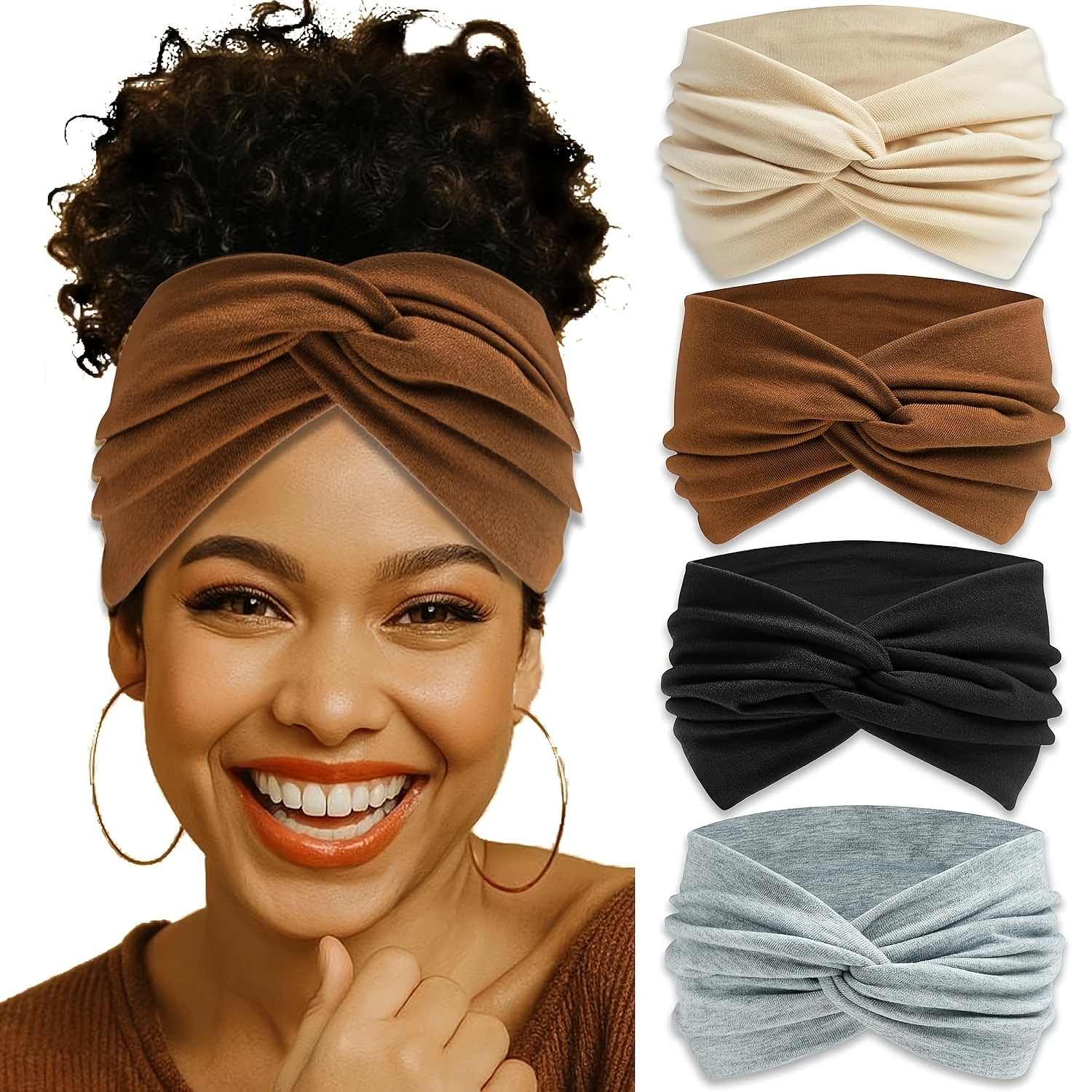 TEMU Lot de 4 bandeaux étroits pour femme, foulards de tête bohèmes élastiques torsadés, bandeaux de sport antidérapants, accessoires de foulard pour