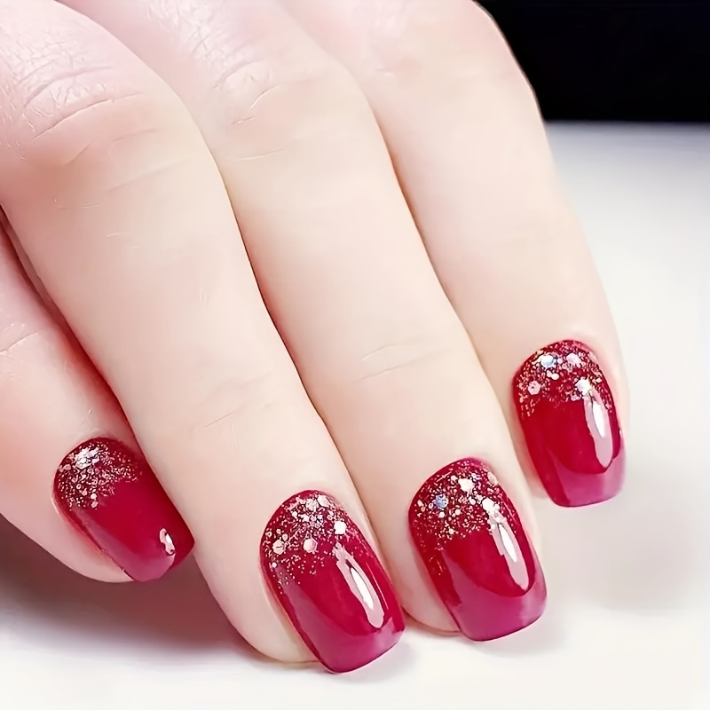 TEMU 24pcs Of Square Short Nail Wine Red Glitter Wearable Nail Simple And Advanced False Nails