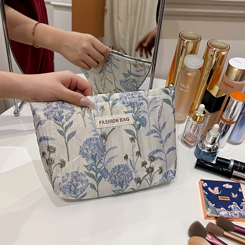 

Floral Toiletry Bag For Travel - Lightweight, Portable Makeup Pouch With Zipper Closure, Polyester Cosmetic Bag With Hand Washable Fabric, - Blue Flowers