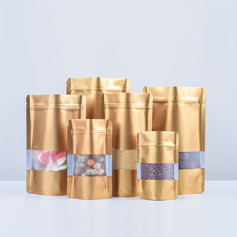 

100pcs, 20 Silk Colorful Window Opening Self-standing Golden, Double-sided Aluminum Film Frosted Window Sealing Pocket Plastic Bag, Cereal Grain Nut Packaging Bag, Jewelry Jewelry Display Bag