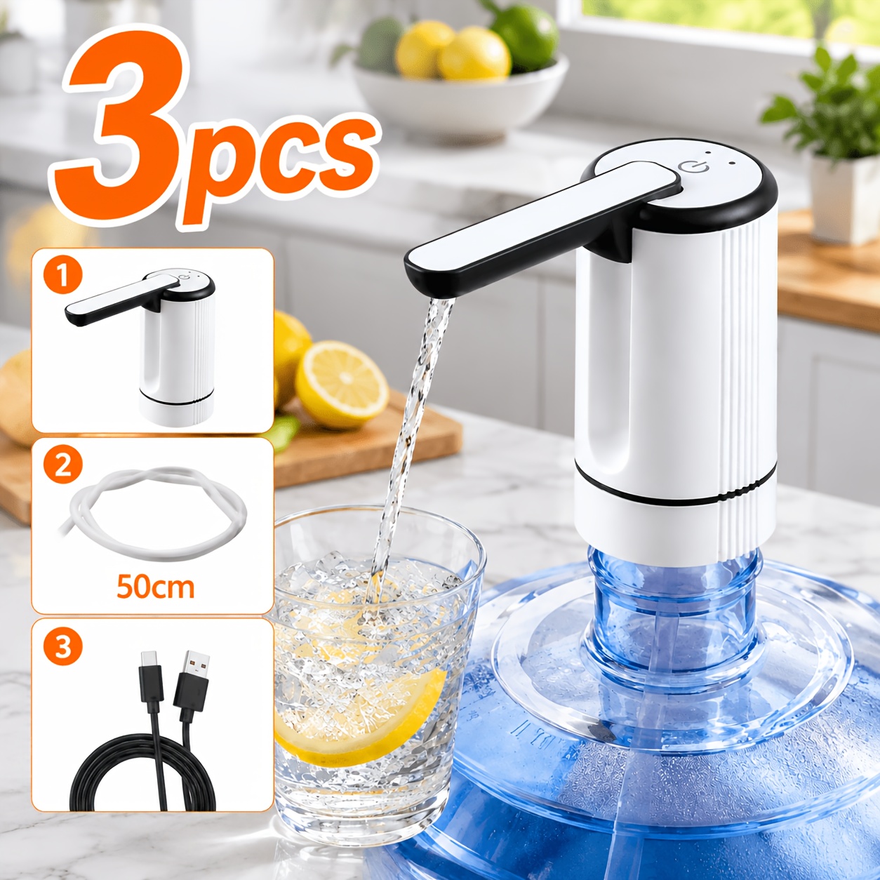 TEMU **3pcs Electric Water Bottle Pump Set With Foldable Spout, Portable Water Dispenser With Silicone Hose And Usb Type-c Charging Cable, Cordless
