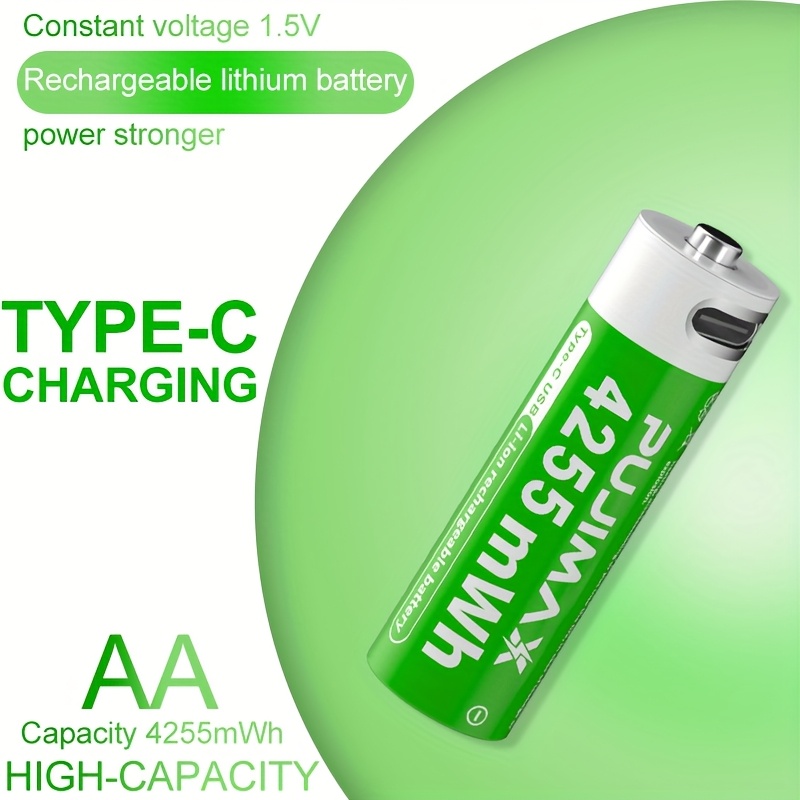 Pile au lithium-ion PUJIMAX AA, 4/8/12 pièces 4255 mWh 1,5 V, pile au lithium rechargeable haute capacité à tension constante, compatible avec câble de charge Type-C pour télécommande, clés de voiture, micro sans fil, manette de jeu, lampe torche, brosse à dents électrique, etc.