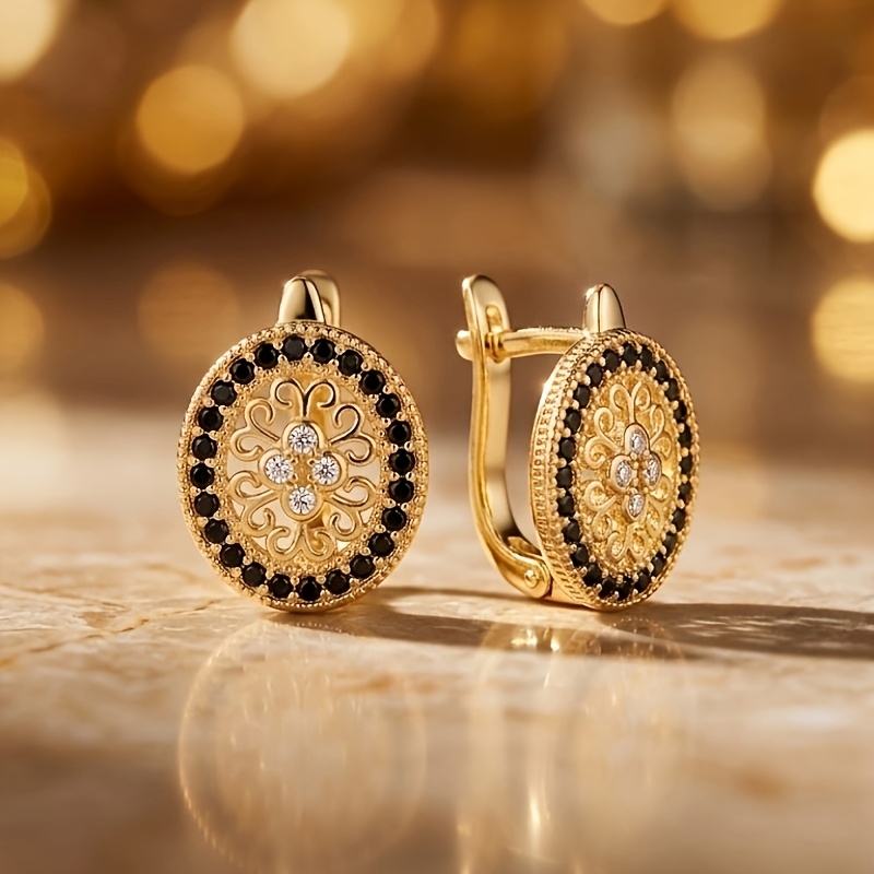 TEMU 1 Pair French & Golden Hollow Vine Hoop Earrings With & Black Enamel Suitable For Weddings, Parties, Daily Wear - Vintage Unisex Oval Hoops For