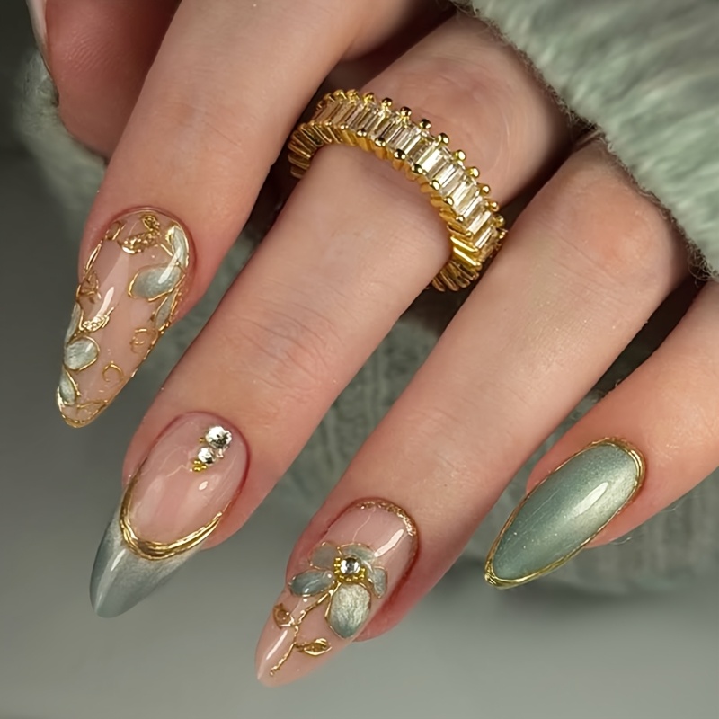 TEMU Set Of 10 Press-on Nails Featuring Design With Floral Patterns, Made Of Acrylic Almond Shape. Medium-sized, Reusable Nails Have Gilded Tips And